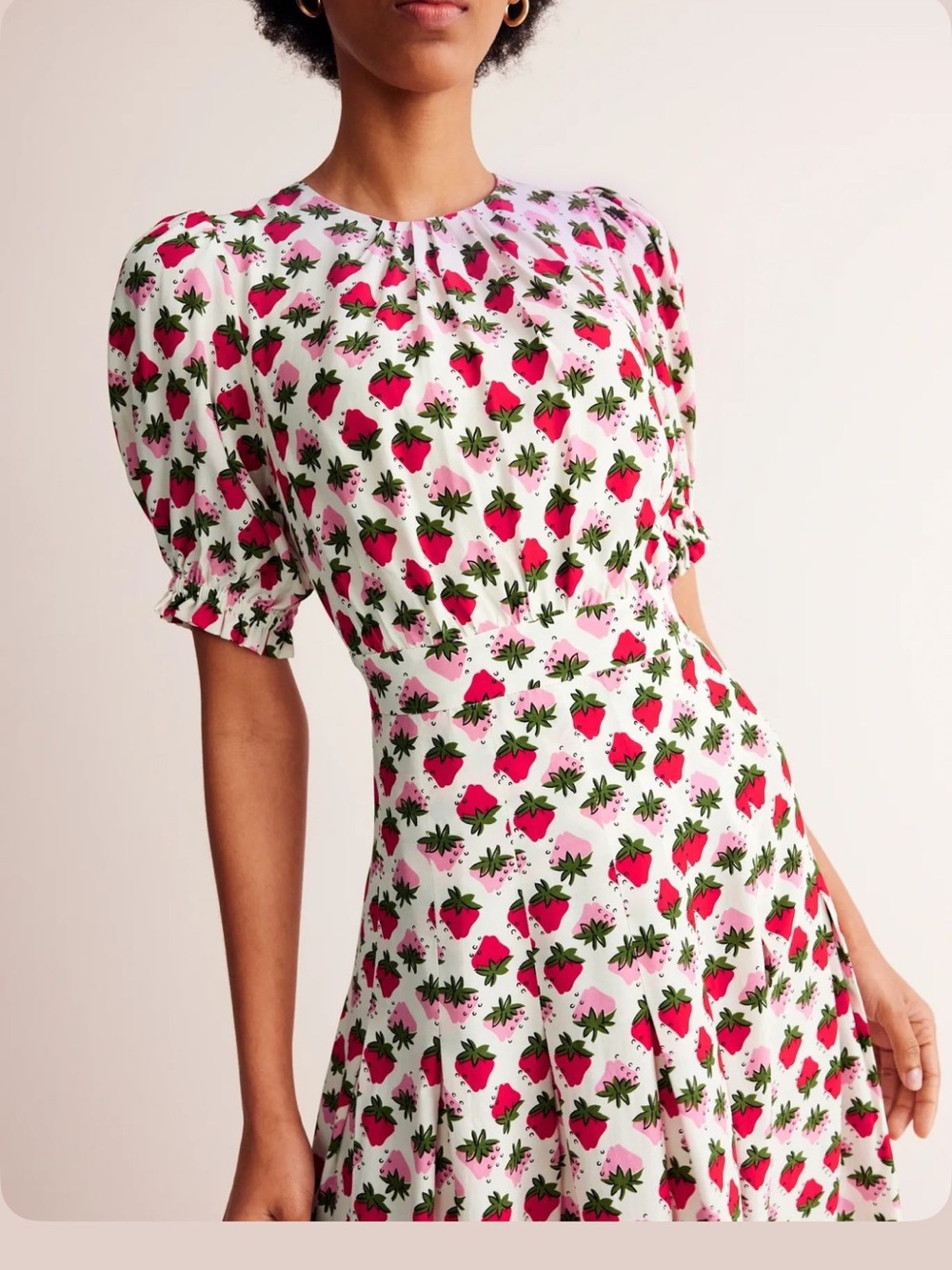 BODEN Liv Pleat Detail Midi Dress in Ivory, Strawberry Pop print size 14R